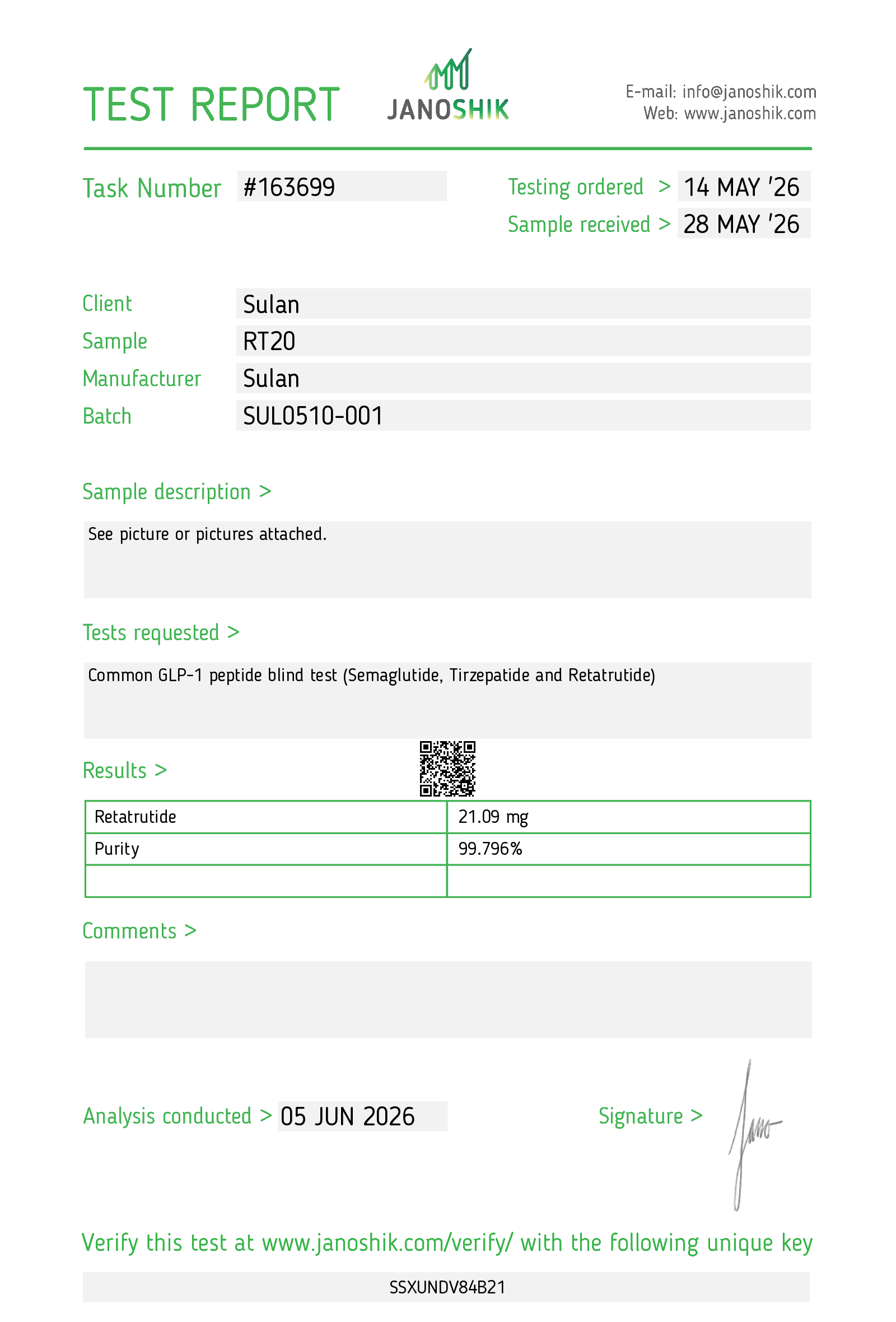 Original laboratory report for Retatrutide 20mg